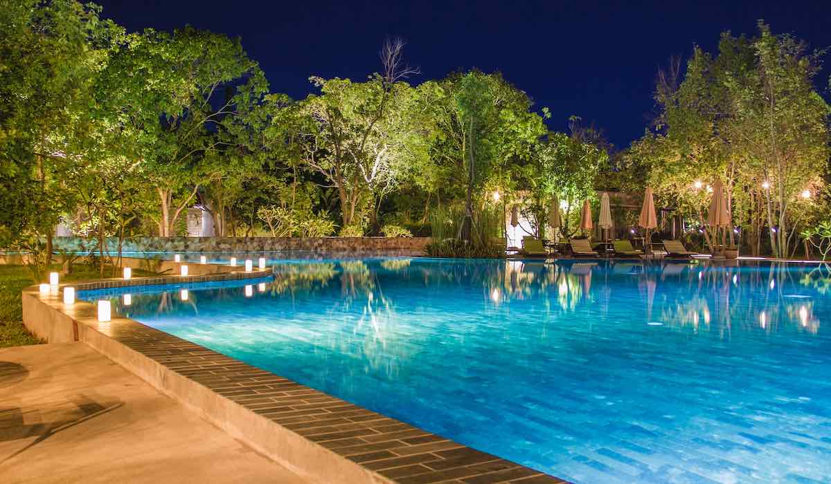 Pool in Cambodia with great nightly lightning. Running the pool pump at night is normally a good thing.